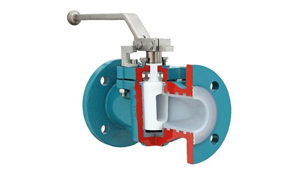 Cutaway view of a turquoise flanged ball valve showing the internal components; white ball, red seals, and metal lever.