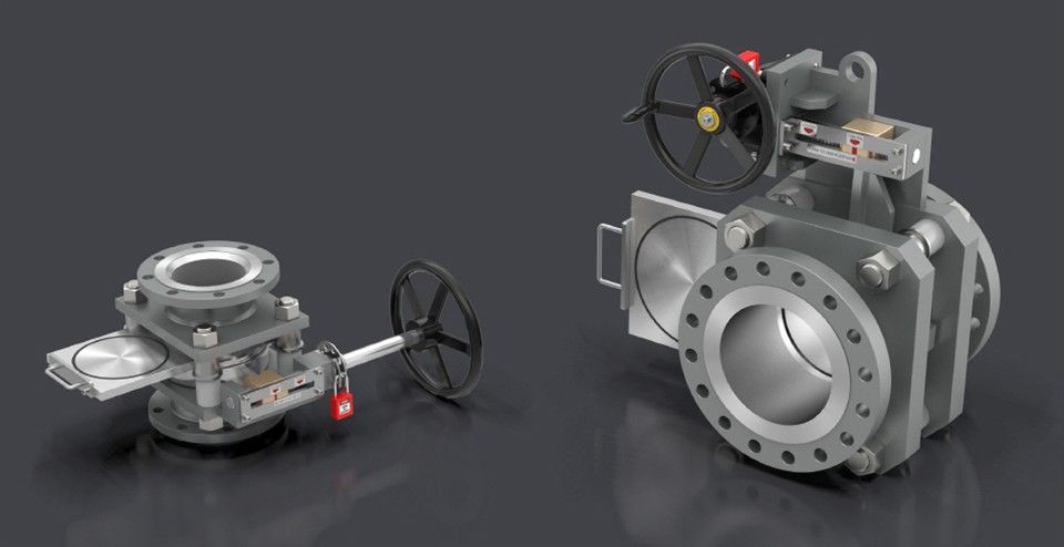 Two industrial butterfly valves with circular openings and handwheels, against a dark background.
