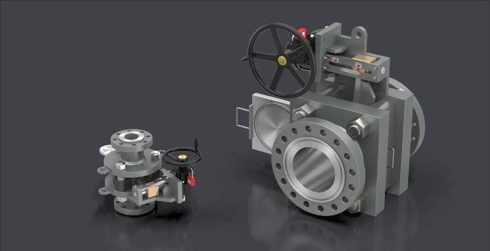 Two industrial valves, one small and one large, with flanges and handwheels, against a gray background.