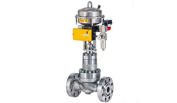 Industrial control valve with stainless steel body and pneumatic actuator.