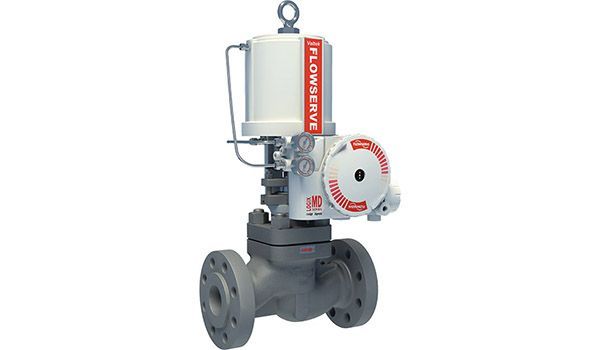 Industrial control valve with white actuator and gray body, labeled