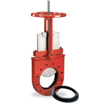 Red and silver gate valve with a hand wheel, open.