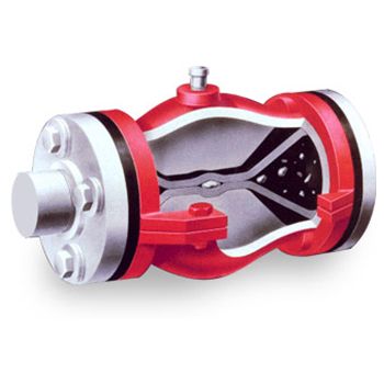 Cross-section view of a red venturi flow meter with flanged ends, showing internal flow channel.
