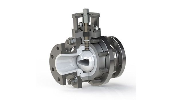 Cutaway view of a ball valve, showing internal components. White ceramic ball, stainless steel housing, flanged ends.