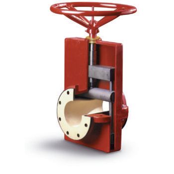 Red industrial knife gate valve, cutaway view showing the gate and interior components.