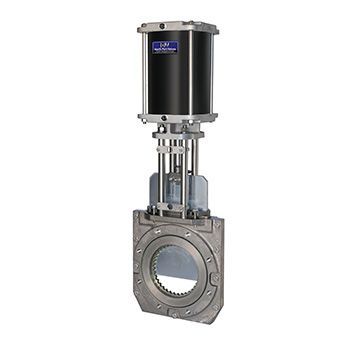 Pneumatic knife gate valve: metallic gray body, circular opening, black cylinder on top, used in industrial settings.