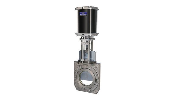 Pneumatic actuated knife gate valve, metallic, for industrial flow control.