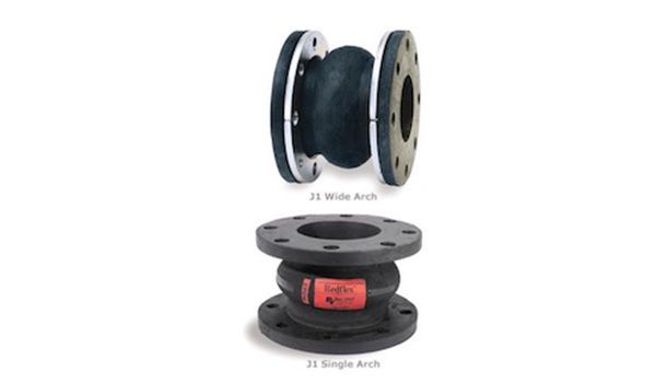 Two black rubber expansion joints with metal flanges, labeled 