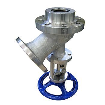 Angled industrial valve with blue handwheel, metal body, and flange connections.