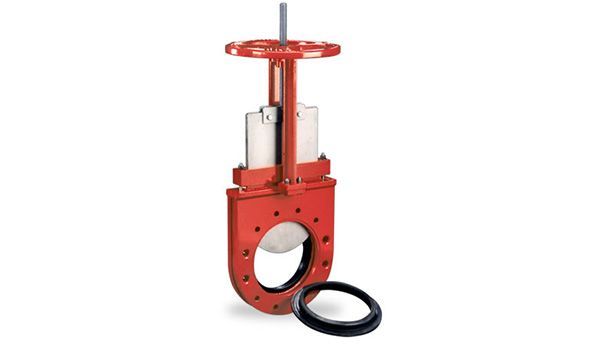 Red slide gate valve with round opening and black gasket.