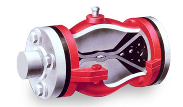 Red, cutaway view of a Venturi valve, showing internal flow path. Flanged ends, bolts, and a central flow restriction.