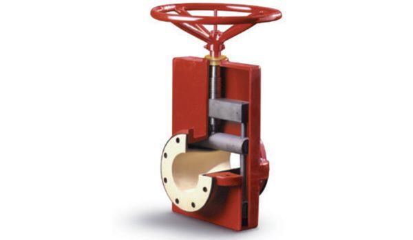 Red cutaway of a gate valve, showing the internal mechanism; white lining, handwheel.