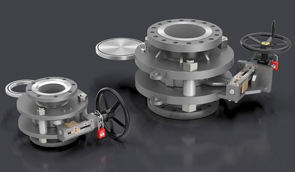 Two industrial valves, gray metal, stacked, with handwheels, flanges, and operating mechanisms.