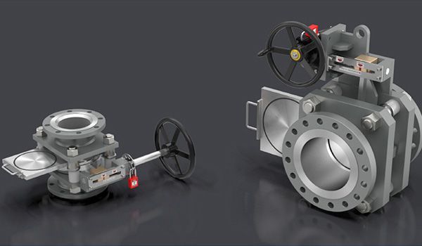 Two industrial ball valves with flanged connections and handwheels. Gray metal, black and red details.