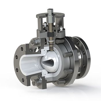 Cutaway view of a ball valve, showing the internal ball mechanism, with a white lining and flanges.