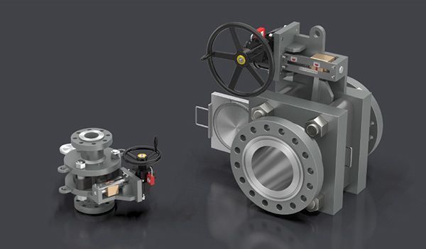 Two industrial valves, one small and one large, gray metal, on a gray background. The large valve has a handwheel.