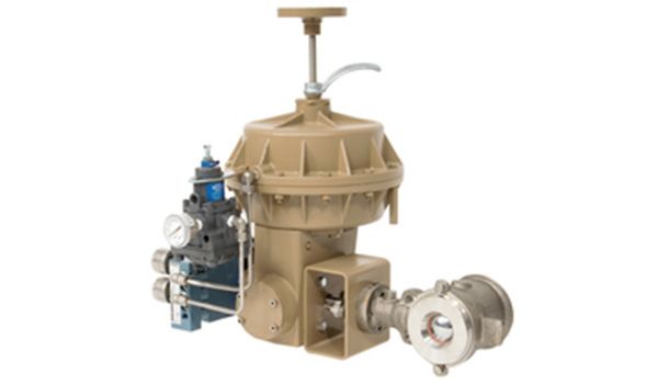 A beige and stainless steel industrial separator with attached pressure regulators.
