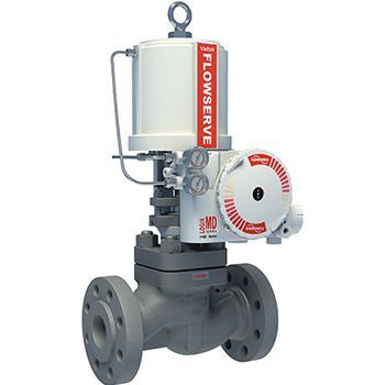 Flowserve control valve with white actuator and gray body, flanges for piping.