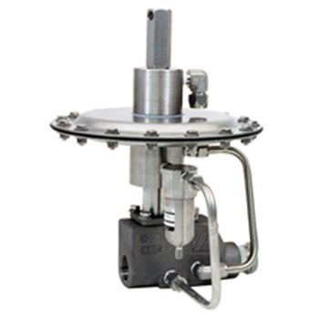 Industrial pneumatic control valve with silver and dark gray components.