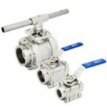 Three stainless steel ball valves with blue handles; one large, two smaller.