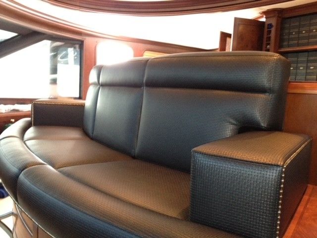 black leather couch on a yacht