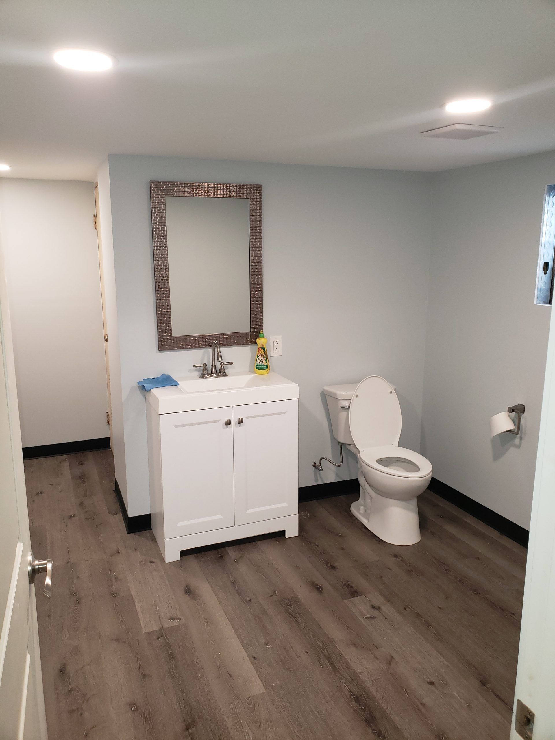 Bathroom with white vanity, toilet, and mirror, featuring light blue walls and wood-look flooring.
