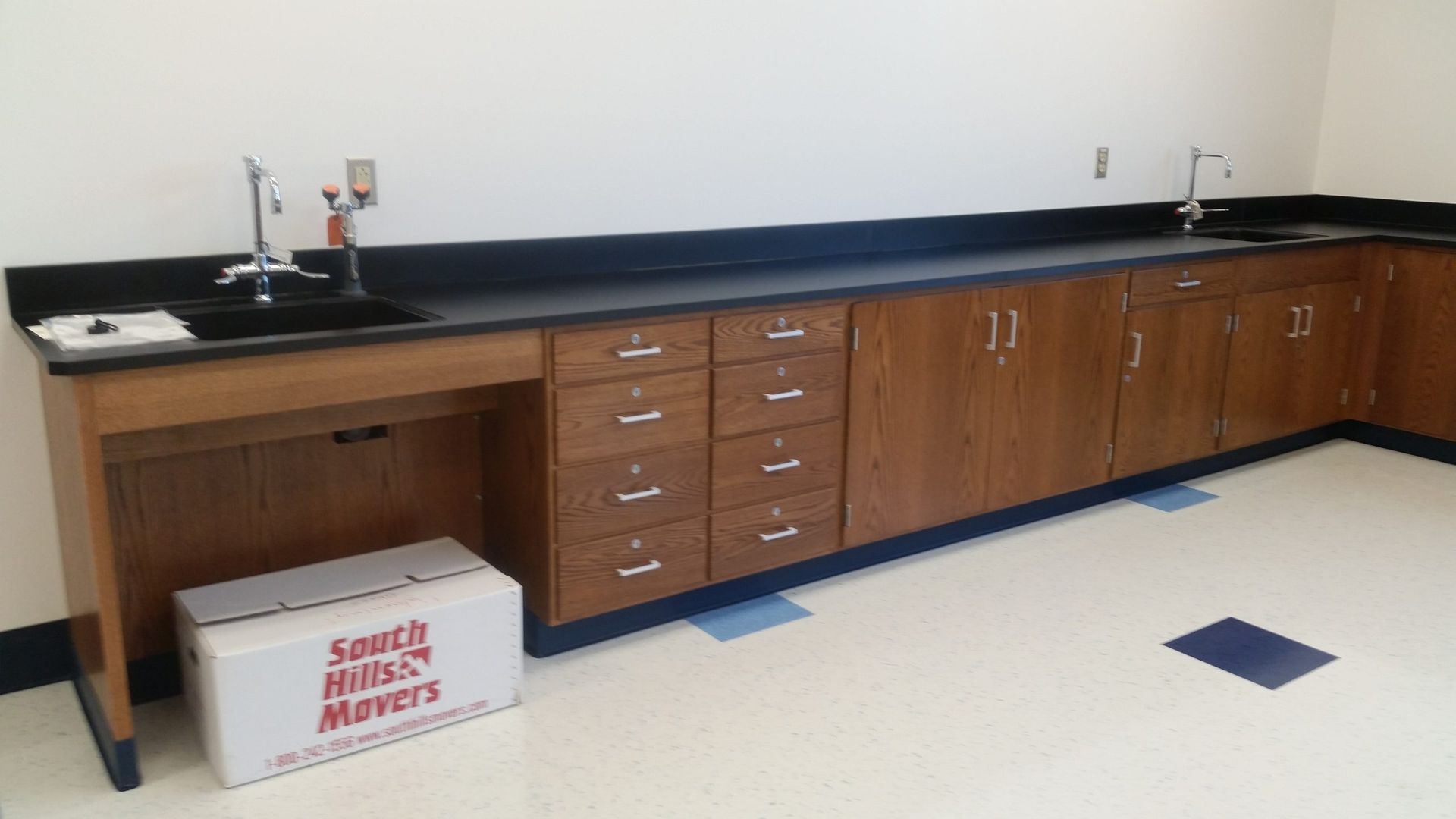 Wooden laboratory cabinets with black countertop, white walls, and a box labeled 