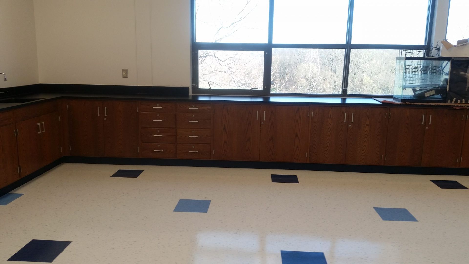 Empty lab room, wooden cabinets under a large window with cracked panes; blue and black checkered floor.