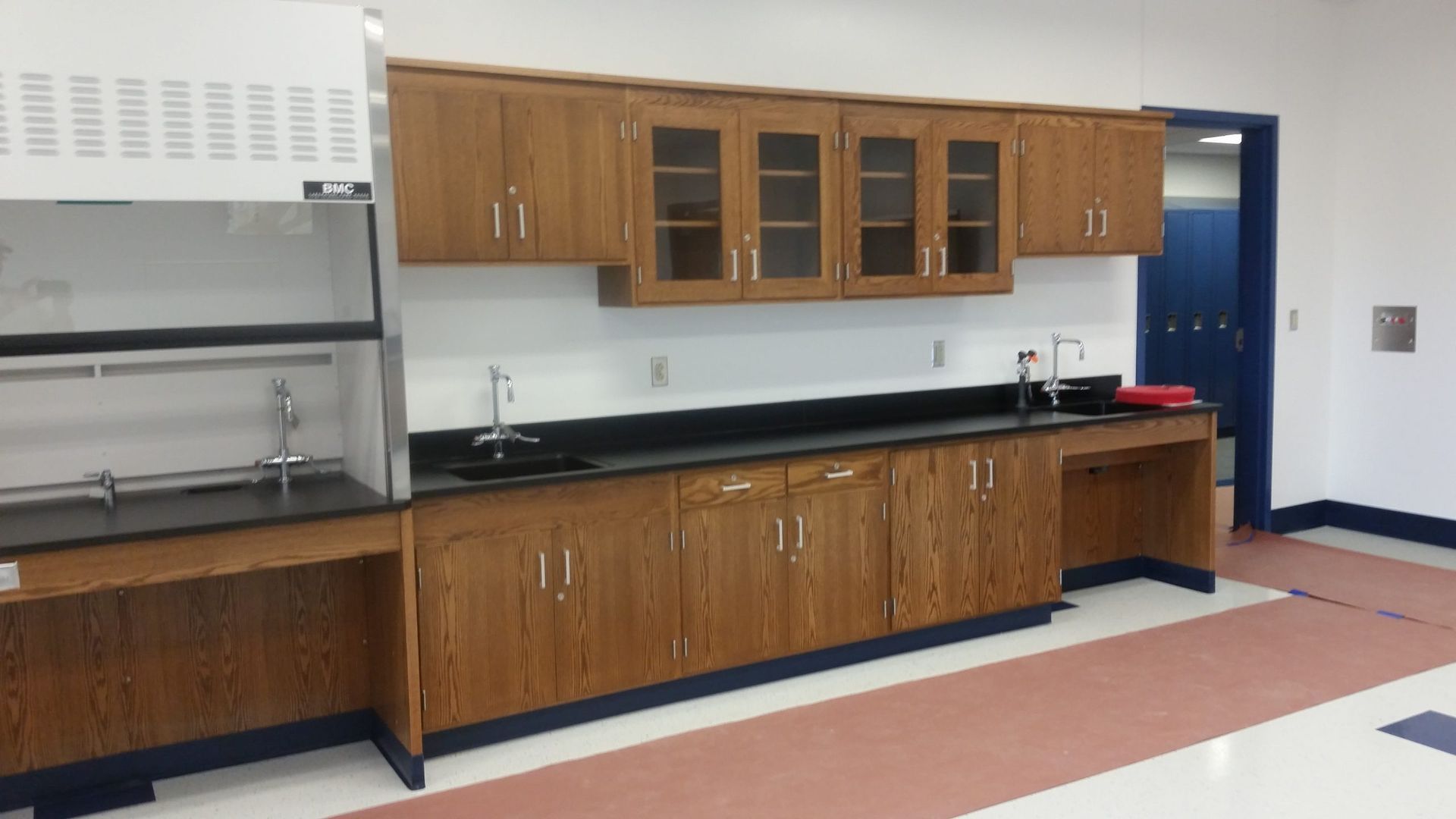 A laboratory with wooden cabinets, sinks, and a fume hood against a white wall and blue accents.
