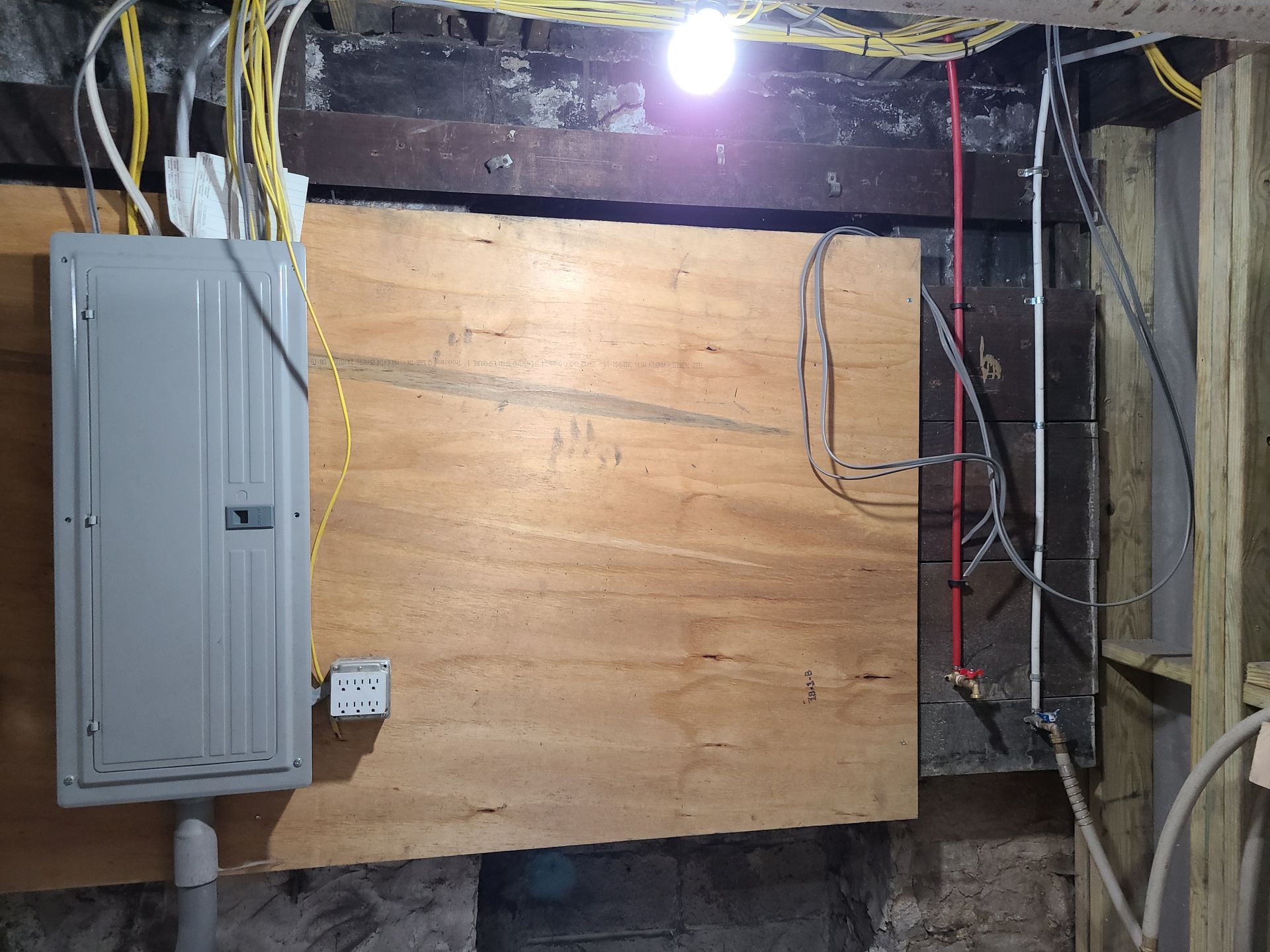 Electrical panel and exposed wiring on a plywood wall.