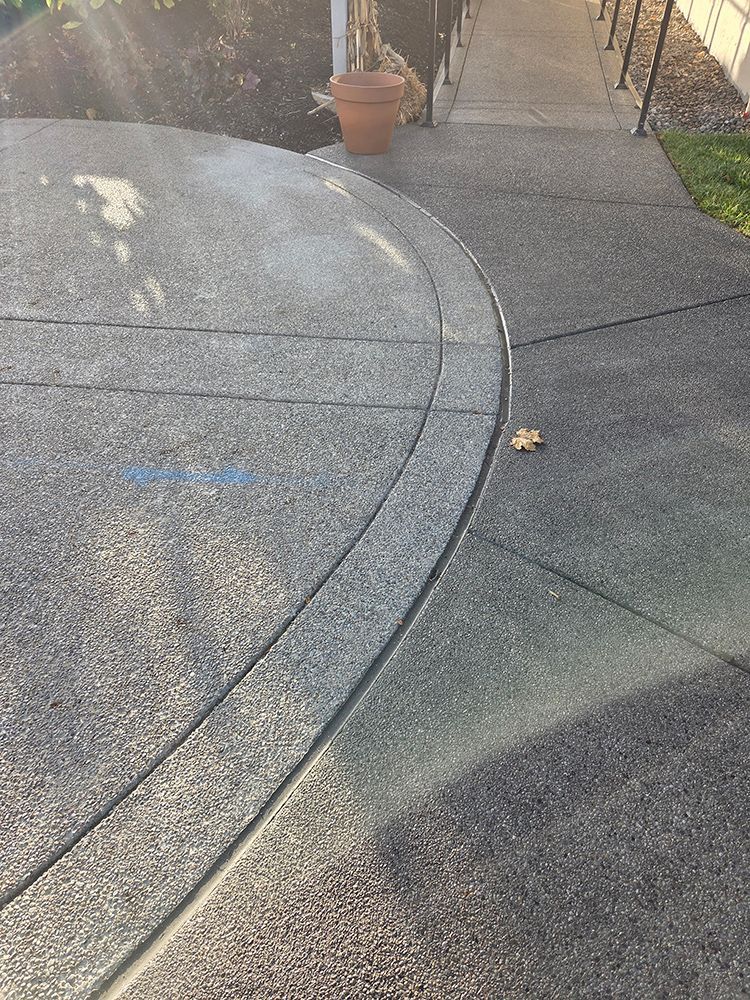 Concrete patio with curved groove, flower pot, and walkway in sunlight.