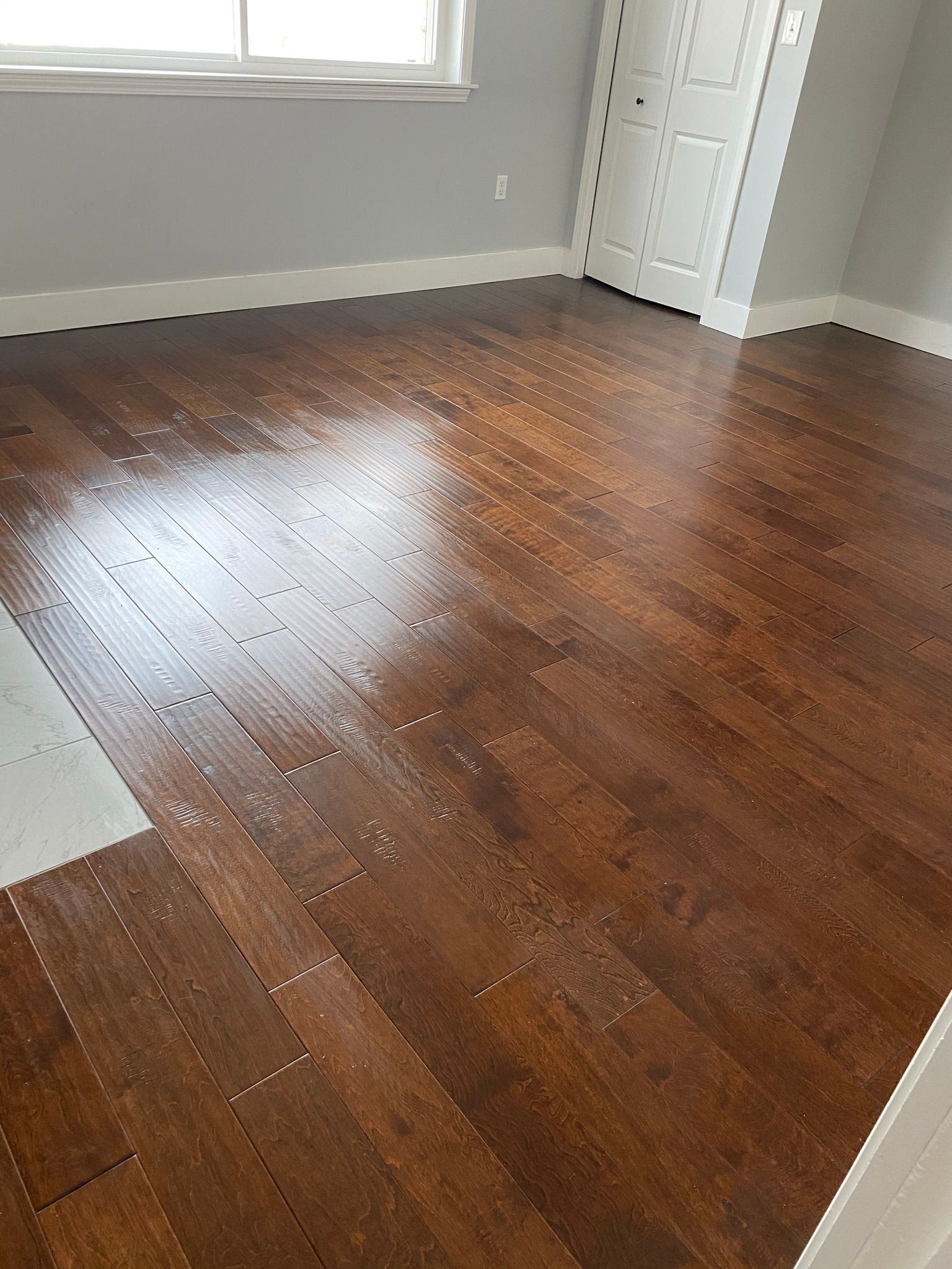 Dark brown hardwood floor in a room, reflecting light. White trim and door in background.