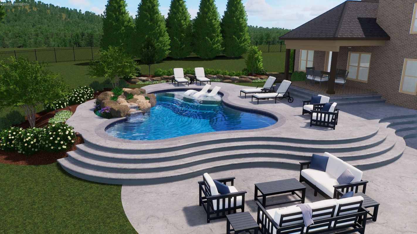 Outdoor backyard with a pool, seating areas, and a house in the background.
