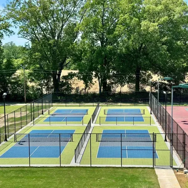 Outdoor pickleball courts with blue and green surfaces, black fencing, and lush green trees.