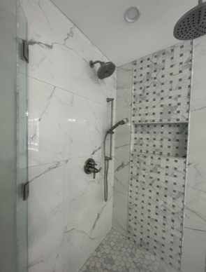 white bathroom with shower 
