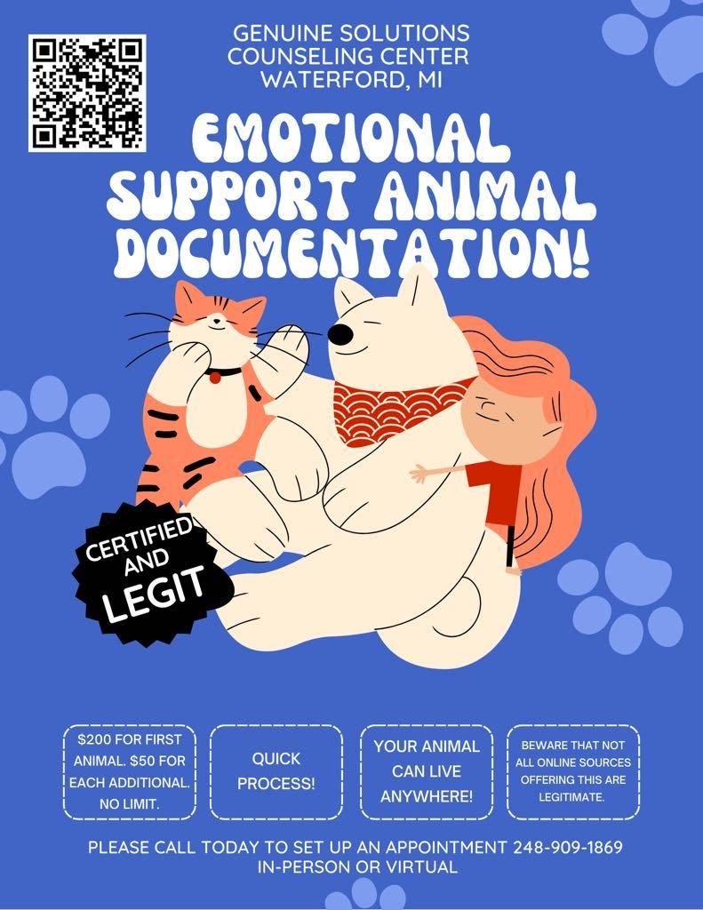 A poster for emotional support animal documentation with a dog and a cat