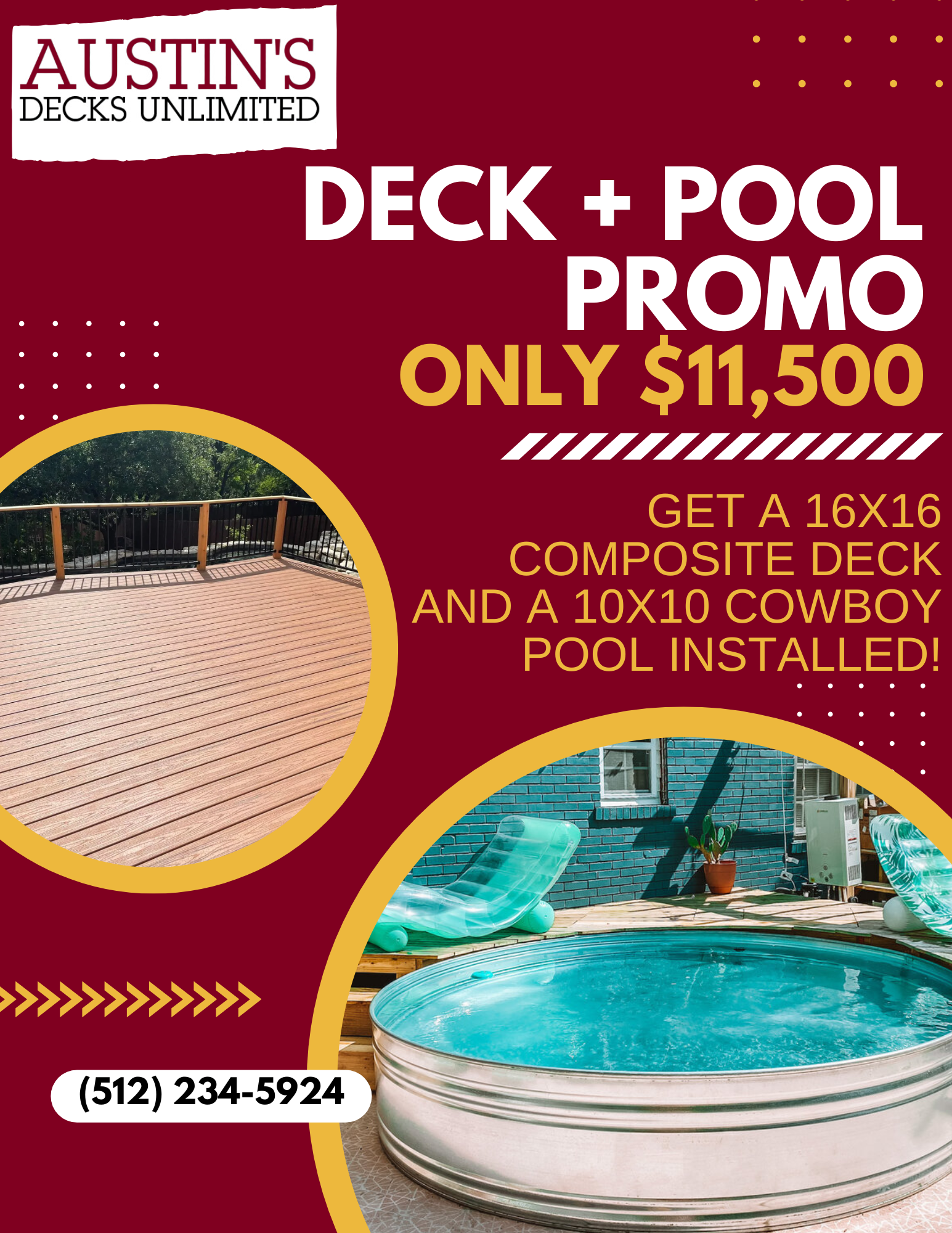 An advertisement for austin 's decks unlimited that says deck + pool promo only $ 11,500