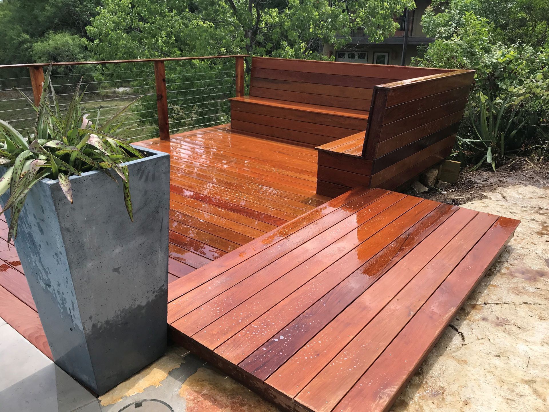 A wooden deck with stairs and a potted plant