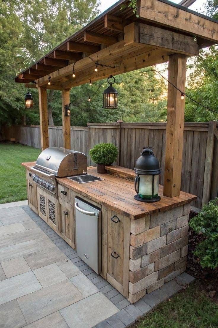 An outdoor kitchen with a grill , sink , and dishwasher.