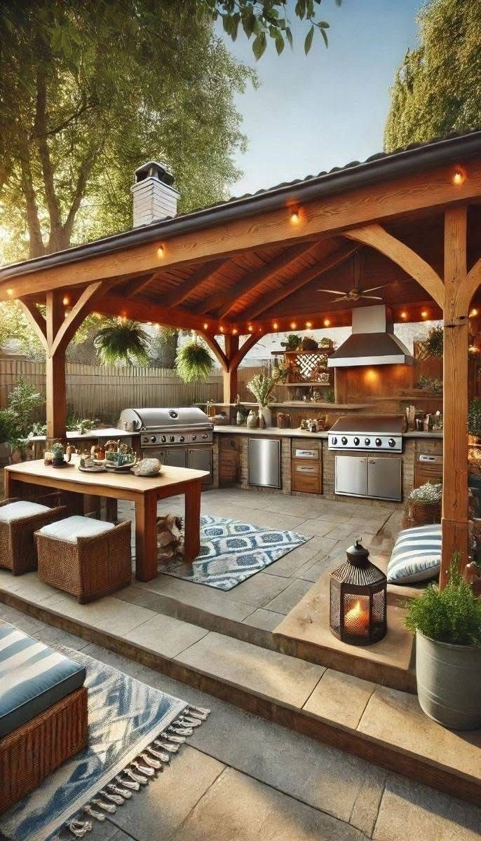 A wooden gazebo with a kitchen and a table underneath it.