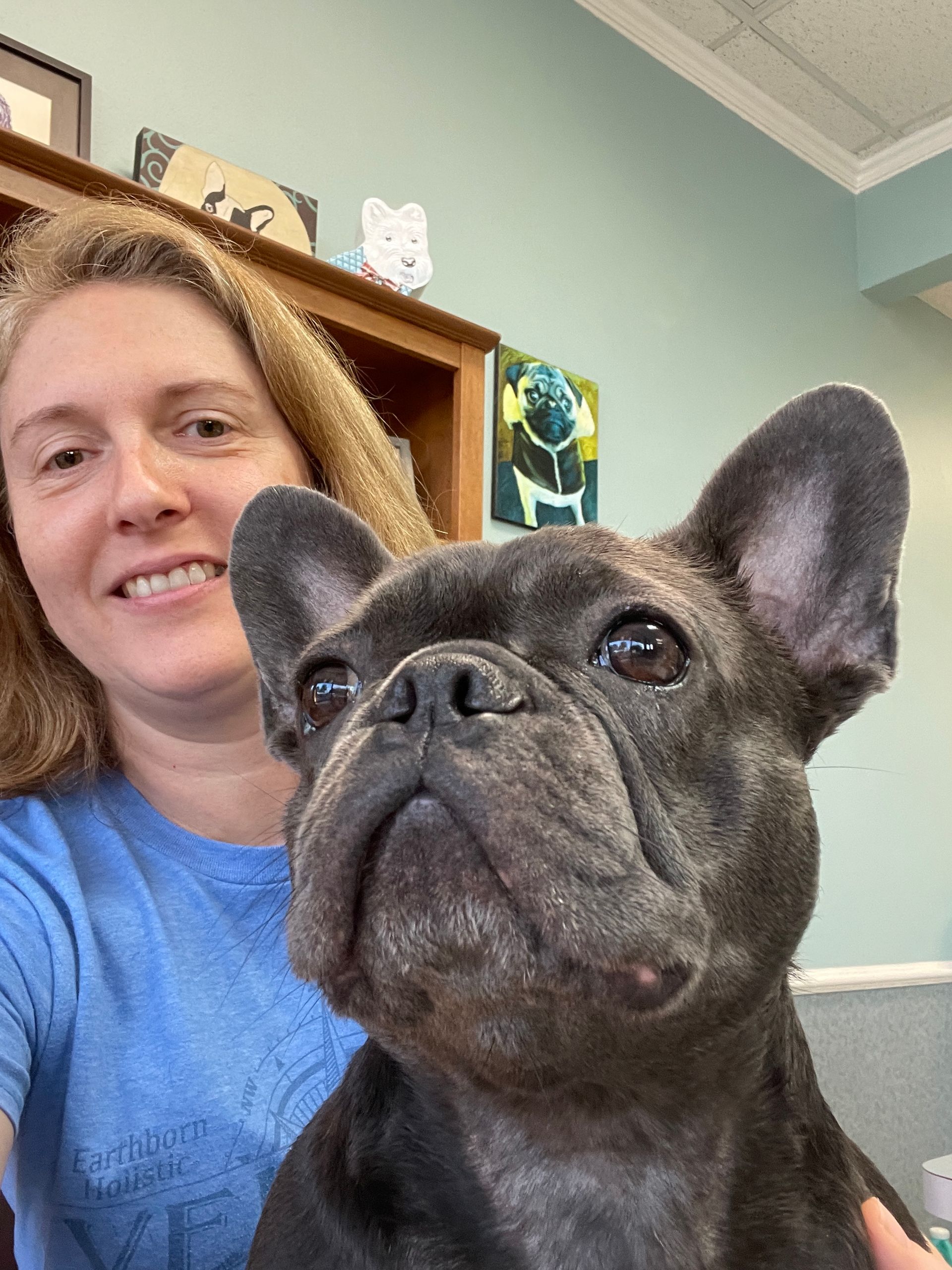 A woman is holding a french bulldog in her arms.