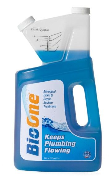Blue Bio-One plumbing cleaner bottle with white pour spout and Keeps Plumbing Flowing label