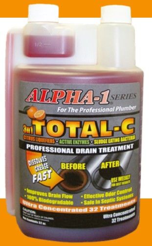 Alpha-1 Total-C professional drain treatment bottle, yellow and orange label with before/after text