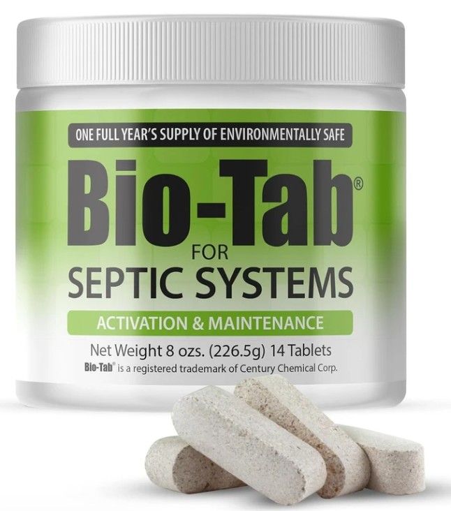 Bio-Tab septic system treatment jar with white tablets on a white background
