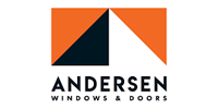 Andersen Windows & Doors logo: orange square with black and white triangles and text below.