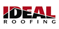 Logo for Ideal Roofing. Red and black text on a white background. Black line across the letters.