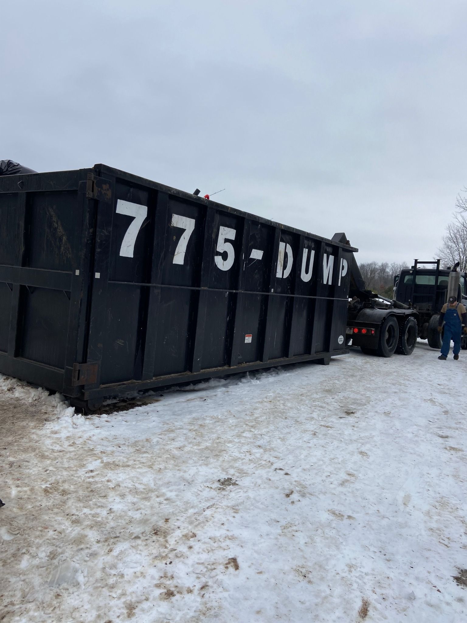 A large red dumpster is sitting on the side of the road in front of a house.