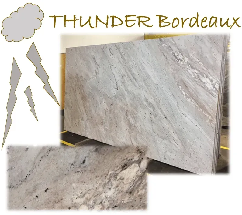 Thunder Bordeaux granite slab with gray, white, and brown veining, shown close-up and in a larger view.