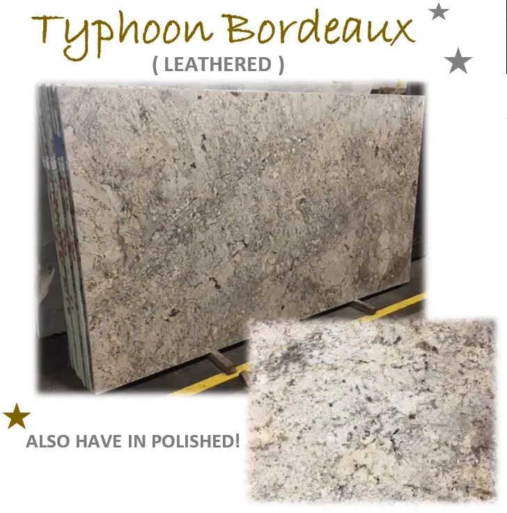 Typhoon Bordeaux leathery granite slab, light background, gray and dark speckles. Small inset of polished version.