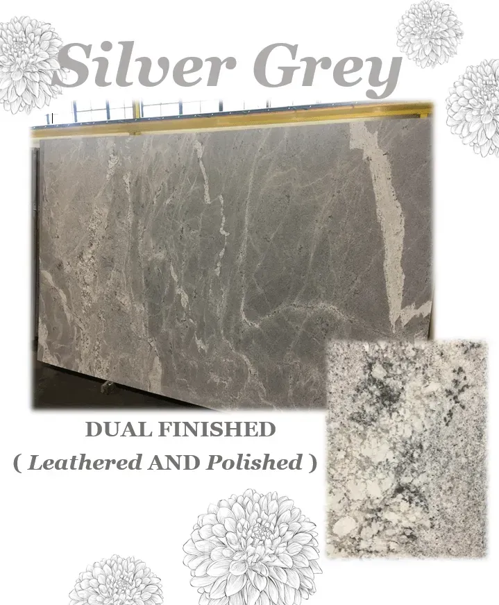 Silver Grey dual-finished slab of stone with leathered and polished textures, displayed with a zoomed-in detail shot.